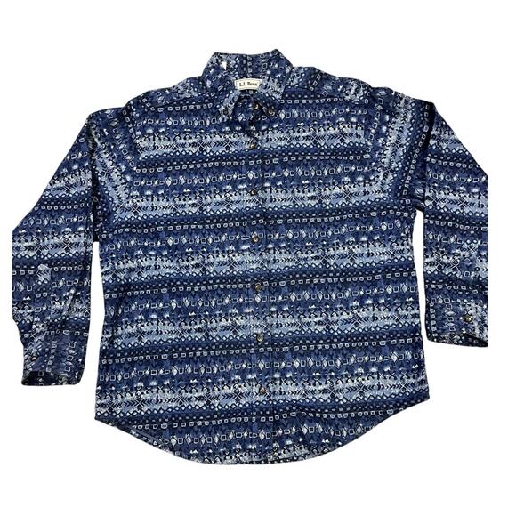 Vintage L.L. Bean Blue‎ Flannel Button Up Men’s L Geometric SouthWestern Cowboy - Picture 1 of 7